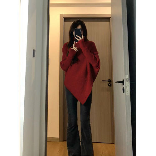 不規則高領毛衣女2025秋冬季韓系過年紅色高級感慵懶加厚針織上衣 不規則高領毛衣女2025秋冬季韓系過年紅色高級感慵懶加厚針織上衣