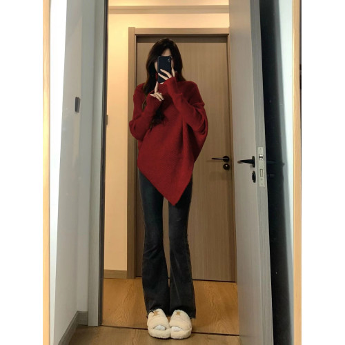 不規則高領毛衣女2025秋冬季韓系過年紅色高級感慵懶加厚針織上衣 不規則高領毛衣女2025秋冬季韓系過年紅色高級感慵懶加厚針織上衣