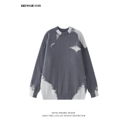 BOYUE帛躍美式高街嘻哈拼接毛邊套頭毛衣潮牌設計感情侶針織衫男