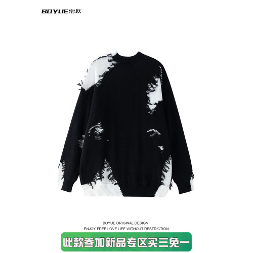 BOYUE帛躍美式高街嘻哈拼接毛邊套頭毛衣潮牌設計感情侶針織衫男 BOYUE帛躍美式高街嘻哈拼接毛邊套頭毛衣潮牌設計感情侶針織衫男