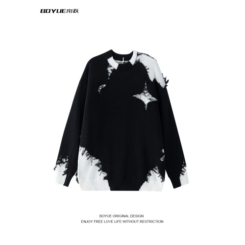 BOYUE帛躍美式高街嘻哈拼接毛邊套頭毛衣潮牌設計感情侶針織衫男 BOYUE帛躍美式高街嘻哈拼接毛邊套頭毛衣潮牌設計感情侶針織衫男