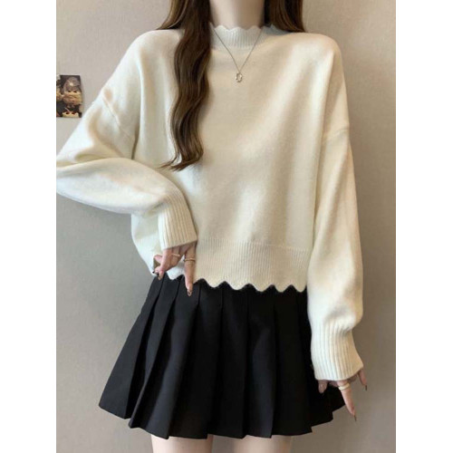 米白色半高領毛衣女秋冬中領針織打底衫洋氣內搭寬松顯瘦短款上衣 米白色半高領毛衣女秋冬中領針織打底衫洋氣內搭寬松顯瘦短款上衣