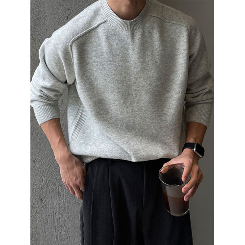 灰色圓領打底針織衫男春秋新款韓版高檔混拼接線輕熟內搭休閒毛衣 灰色圓領打底針織衫男春秋新款韓版高檔混拼接線輕熟內搭休閒毛衣