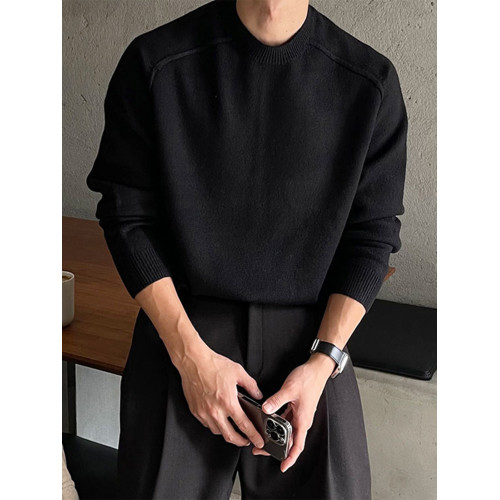 灰色圓領打底針織衫男春秋新款韓版高檔混拼接線輕熟內搭休閒毛衣 灰色圓領打底針織衫男春秋新款韓版高檔混拼接線輕熟內搭休閒毛衣