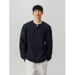 wmnm灰色粗線亨利領毛衣男款秋冬慵懶麻花針織衫美式男士內搭打底