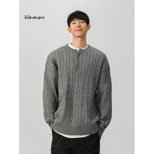 wmnm灰色粗線亨利領毛衣男款秋冬慵懶麻花針織衫美式男士內搭打底 wmnm灰色粗線亨利領毛衣男款秋冬慵懶麻花針織衫美式男士內搭打底