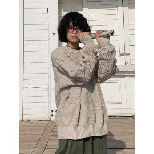 一碗士多 秋冬重磅日系美式復古圓領毛衣寬松休閒情侶長袖針織衫