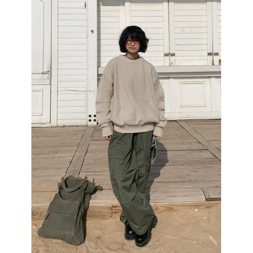 一碗士多 秋冬重磅日系美式復古圓領毛衣寬松休閒情侶長袖針織衫