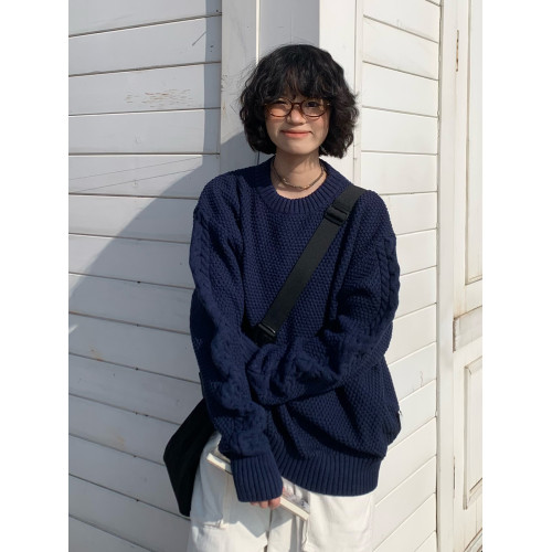 一碗士多 秋冬重磅日系美式復古圓領毛衣寬松休閒情侶長袖針織衫