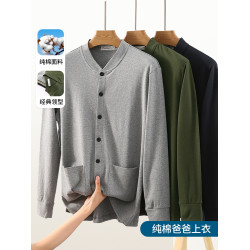 2025新款春秋長袖純棉開衫男爸爸針織外套中老年打底老人上衣男款