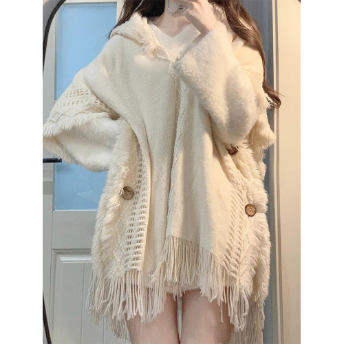 針織衫流蘇鬭篷波西米亞風罩衫民族風連帽披肩外搭外套女秋冬毛衣 針織衫流蘇鬭篷波西米亞風罩衫民族風連帽披肩外搭外套女秋冬毛衣