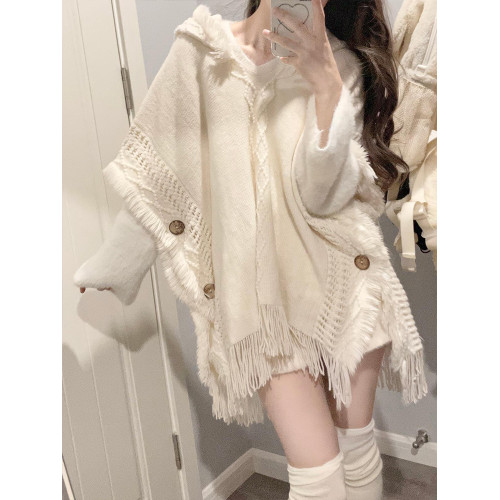 針織衫流蘇鬭篷波西米亞風罩衫民族風連帽披肩外搭外套女秋冬毛衣 針織衫流蘇鬭篷波西米亞風罩衫民族風連帽披肩外搭外套女秋冬毛衣