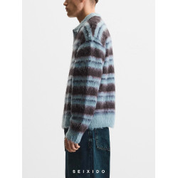 櫃319！秋冬新品男裝歐美簡約拉絨條紋翻領休閒針織衫毛衣9598395