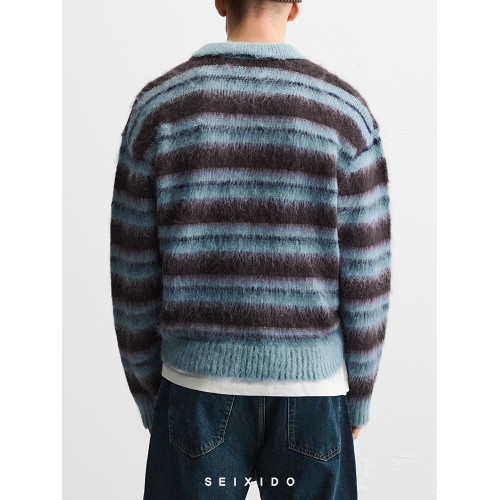 櫃319！秋冬新品男裝歐美簡約拉絨條紋翻領休閒針織衫毛衣9598395