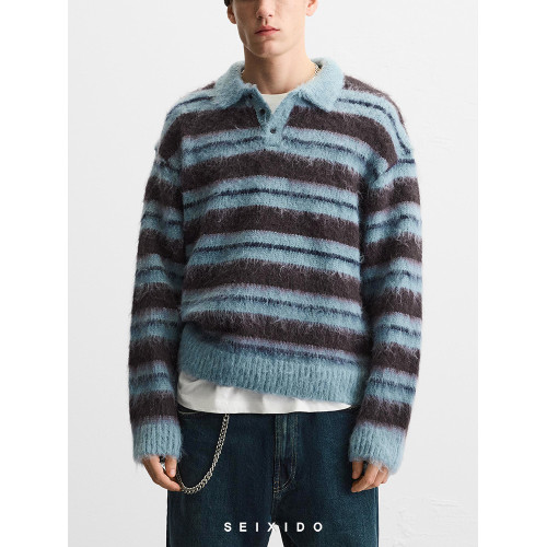 櫃319！秋冬新品男裝歐美簡約拉絨條紋翻領休閒針織衫毛衣9598395