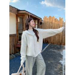 2025冬季高級感米杏色綿羊絨連帽拉鍊針織開衫女慵懶軟糯保暖毛衣