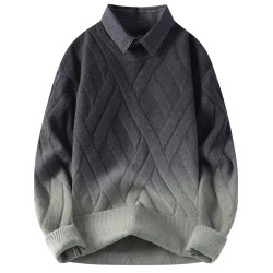 漸變色毛衣男秋冬季加絨襯衫領男士針織衫潮牌慵懶風假兩件毛線衣