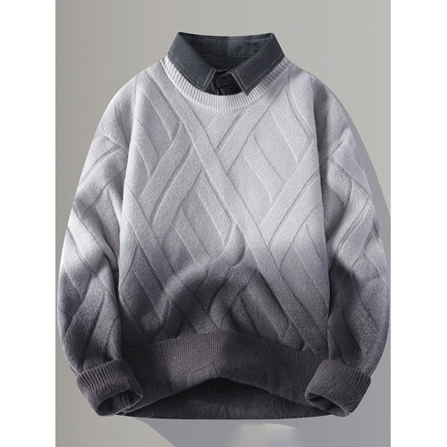 漸變色毛衣男秋冬季加絨襯衫領男士針織衫潮牌慵懶風假兩件毛線衣