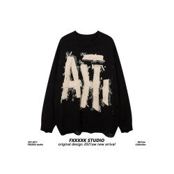 FXK原創 秋冬美式高街潮牌寬松貼布刺綉小衆設計情侶裝針織衫毛衣