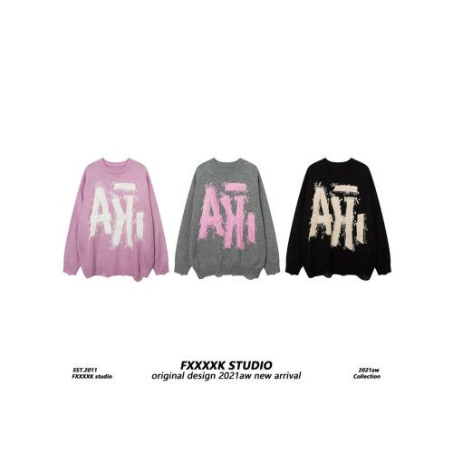 FXK原創 秋冬美式高街潮牌寬松貼布刺綉小衆設計情侶裝針織衫毛衣