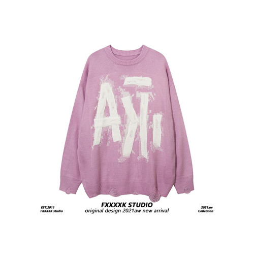FXK原創 秋冬美式高街潮牌寬松貼布刺綉小衆設計情侶裝針織衫毛衣
