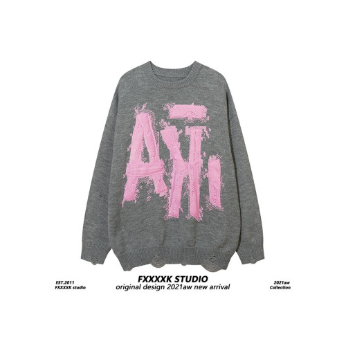 FXK原創 秋冬美式高街潮牌寬松貼布刺綉小衆設計情侶裝針織衫毛衣