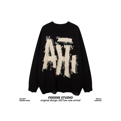 FXK原創 秋冬美式高街潮牌寬松貼布刺綉小衆設計情侶裝針織衫毛衣