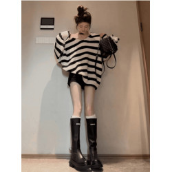 設計感小衆v領針織毛衣女款秋季新款寬松顯瘦慵懶風休閒條紋上衣