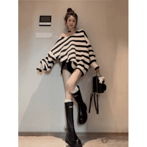 設計感小衆v領針織毛衣女款秋季新款寬松顯瘦慵懶風休閒條紋上衣 設計感小衆v領針織毛衣女款秋季新款寬松顯瘦慵懶風休閒條紋上衣