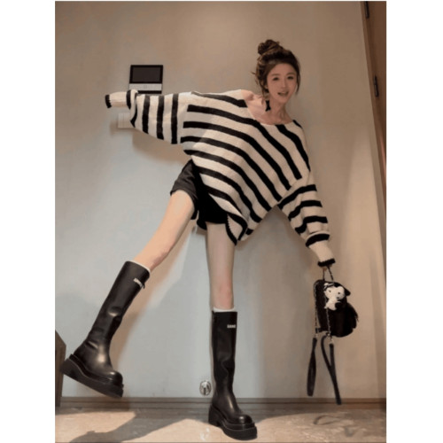 設計感小衆v領針織毛衣女款秋季新款寬松顯瘦慵懶風休閒條紋上衣 設計感小衆v領針織毛衣女款秋季新款寬松顯瘦慵懶風休閒條紋上衣