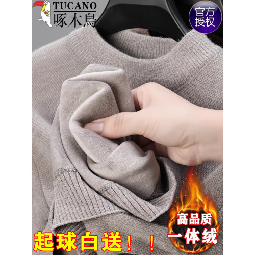 啄木鳥半高領加絨加厚男士毛衣冬季新款2024保暖一體絨打底針織衫