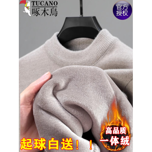 啄木鳥半高領加絨加厚男士毛衣冬季新款2024保暖一體絨打底針織衫