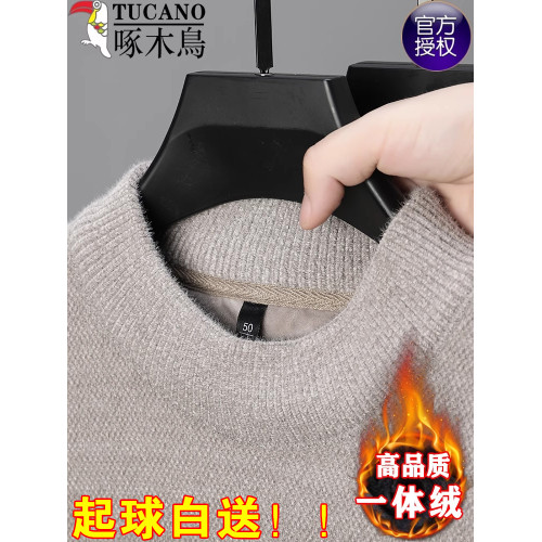 啄木鳥半高領加絨加厚男士毛衣冬季新款2024保暖一體絨打底針織衫