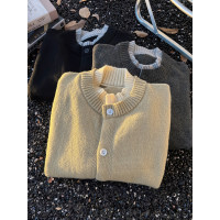 美式撞色針織開衫男士秋季潮流假兩件紐釦外套慵懶風寬松休閒毛衣