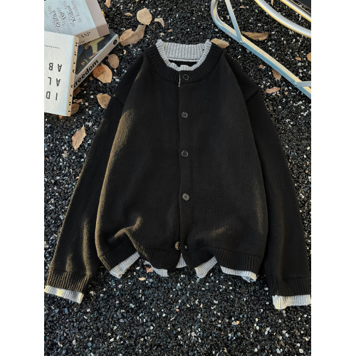 美式撞色針織開衫男士秋季潮流假兩件紐釦外套慵懶風寬松休閒毛衣 美式撞色針織開衫男士秋季潮流假兩件紐釦外套慵懶風寬松休閒毛衣