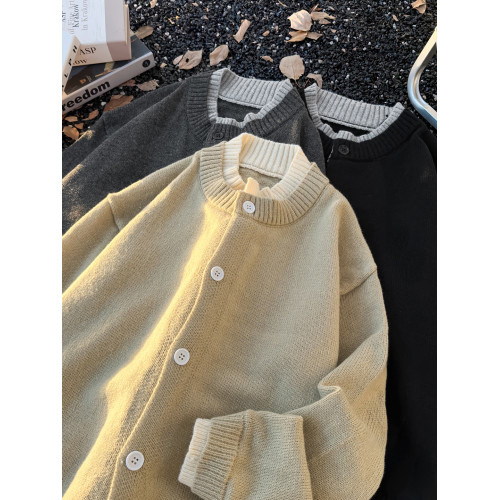 美式撞色針織開衫男士秋季潮流假兩件紐釦外套慵懶風寬松休閒毛衣 美式撞色針織開衫男士秋季潮流假兩件紐釦外套慵懶風寬松休閒毛衣