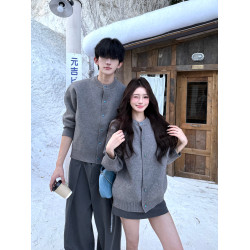 韓系灰色針織開衫男女秋冬季寬松顯瘦百搭cleanfit情侶裝毛衣外套