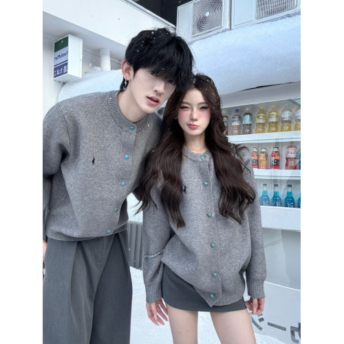 韓系灰色針織開衫男女秋冬季寬松顯瘦百搭cleanfit情侶裝毛衣外套