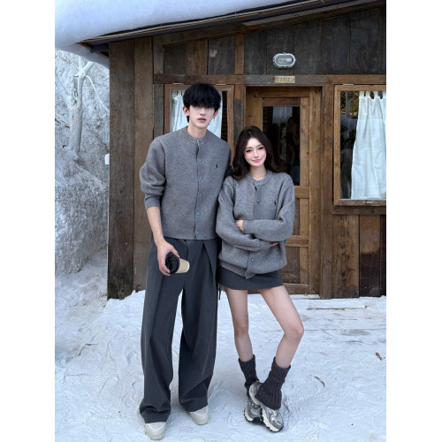 韓系灰色針織開衫男女秋冬季寬松顯瘦百搭cleanfit情侶裝毛衣外套