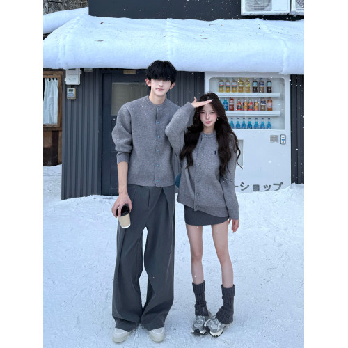 韓系灰色針織開衫男女秋冬季寬松顯瘦百搭cleanfit情侶裝毛衣外套