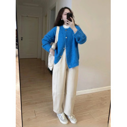 藍色仿水貂絨毛衣外套女秋冬2024新款慵懶風軟糯針織開衫外搭上衣