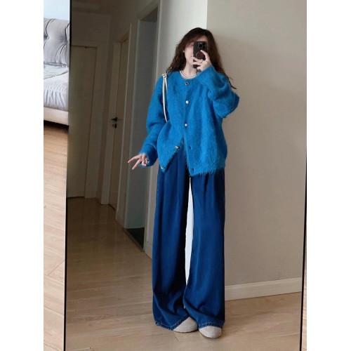 藍色仿水貂絨毛衣外套女秋冬2024新款慵懶風軟糯針織開衫外搭上衣 藍色仿水貂絨毛衣外套女秋冬2024新款慵懶風軟糯針織開衫外搭上衣