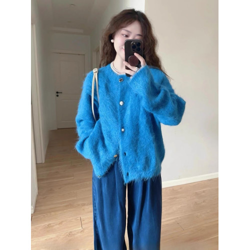 藍色仿水貂絨毛衣外套女秋冬2024新款慵懶風軟糯針織開衫外搭上衣 藍色仿水貂絨毛衣外套女秋冬2024新款慵懶風軟糯針織開衫外搭上衣