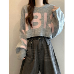 短款毛衣女2025秋冬新款爆款印花寬松慵懶高級感蝙蝠長袖針織上衣