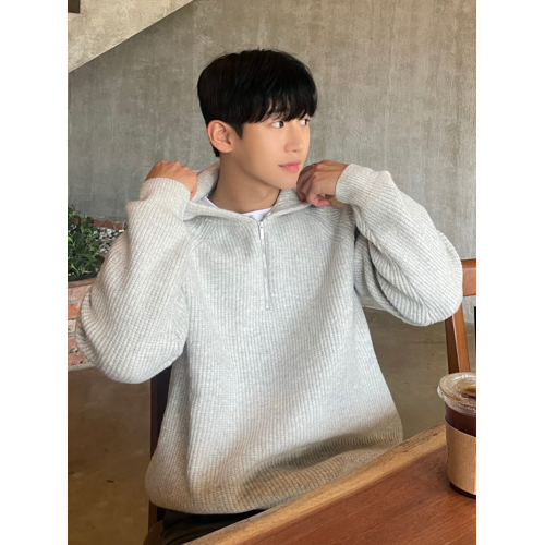 高級感半拉鍊連帽毛衣衛衣男潮牌春秋季慵懶風加厚針織衫重磅外套