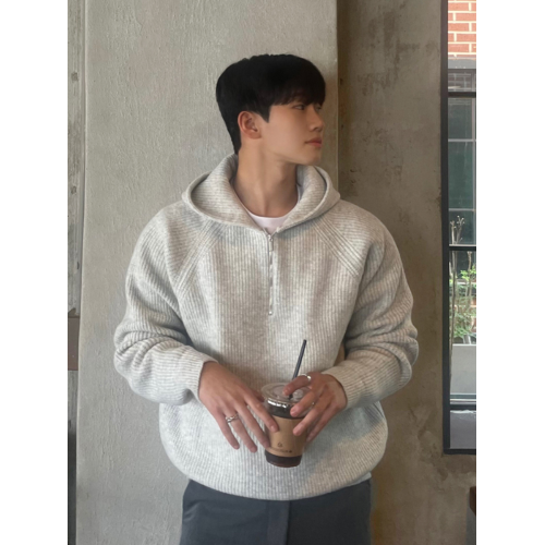 高級感半拉鍊連帽毛衣衛衣男潮牌春秋季慵懶風加厚針織衫重磅外套