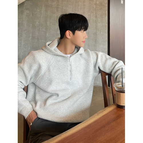 高級感半拉鍊連帽毛衣衛衣男潮牌春秋季慵懶風加厚針織衫重磅外套