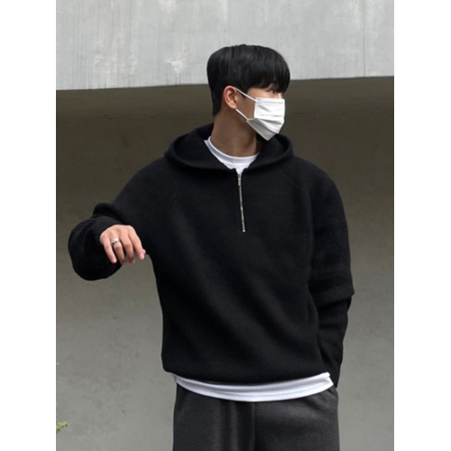 高級感半拉鍊連帽毛衣衛衣男潮牌春秋季慵懶風加厚針織衫重磅外套