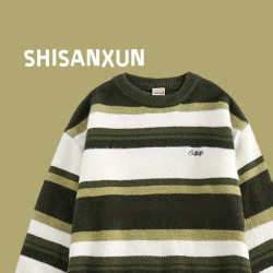 SHISANXUN撞色條紋圓領毛衣男士冬季復古休閒慵懶風打底針織衫潮