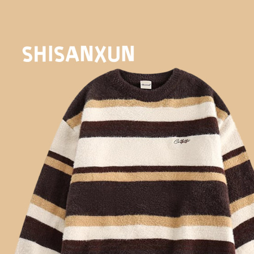 SHISANXUN撞色條紋圓領毛衣男士冬季復古休閒慵懶風打底針織衫潮